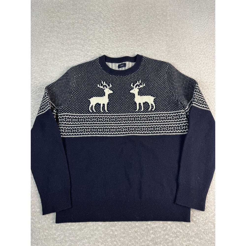 J Crew Sweater Mens Medium Blue Lambswool Fair Isle‎ Reindeer Crewneck Holiday